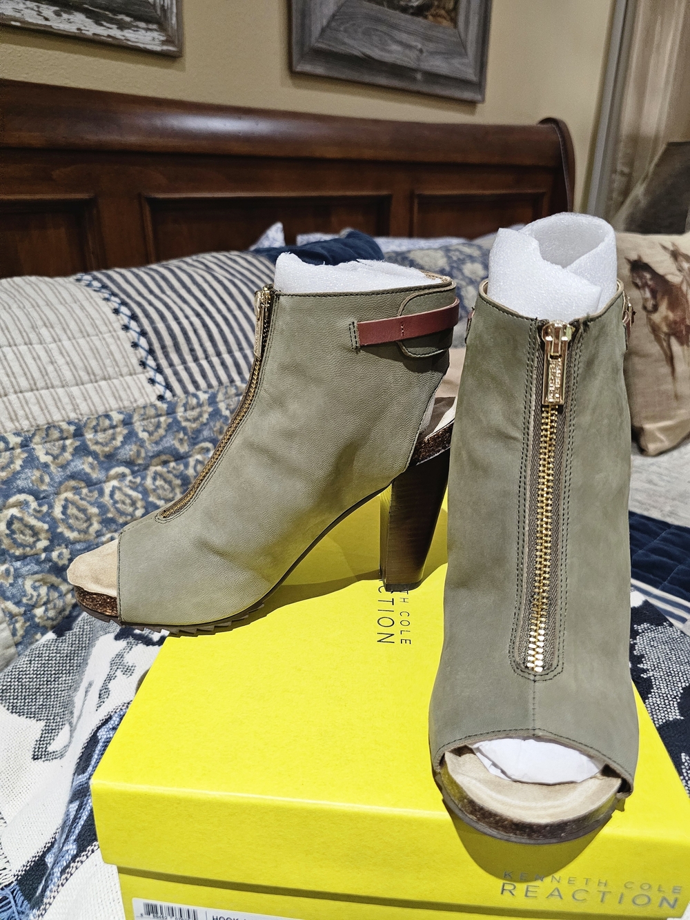 Kenneth Cole Reaction Olive Suede Open-Toe Zip Heel Booties with Brown Strap